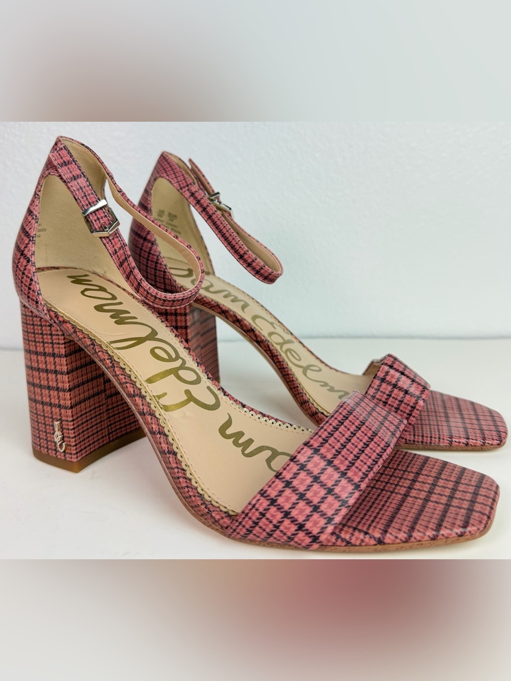 NEW Sam Edelman 8 Yaro Daniella Pink Plaid Leather Chunky Block Heel Sandals